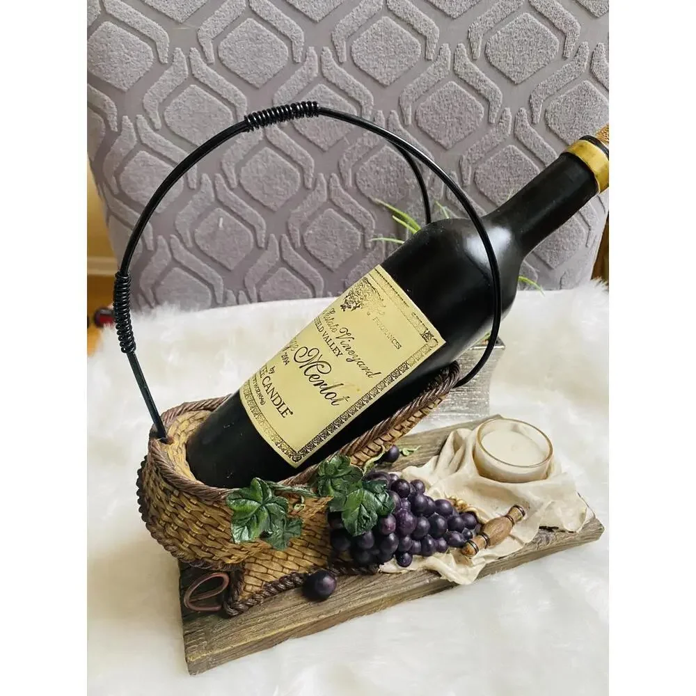 Decorative Wine Bottle Holder with Grapes and Candle Accent